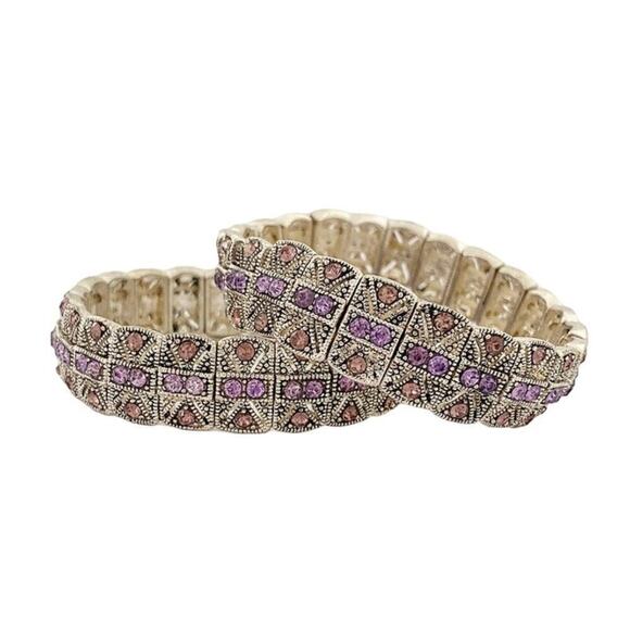 2 x Lavender Crystal Rectangular Link Stretch Bracelet - Picture 1 of 1